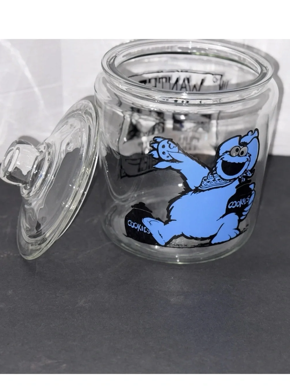 Cookie Monster Jar Glass Large Great Cookie Thief VTG Sesame Street Muppets